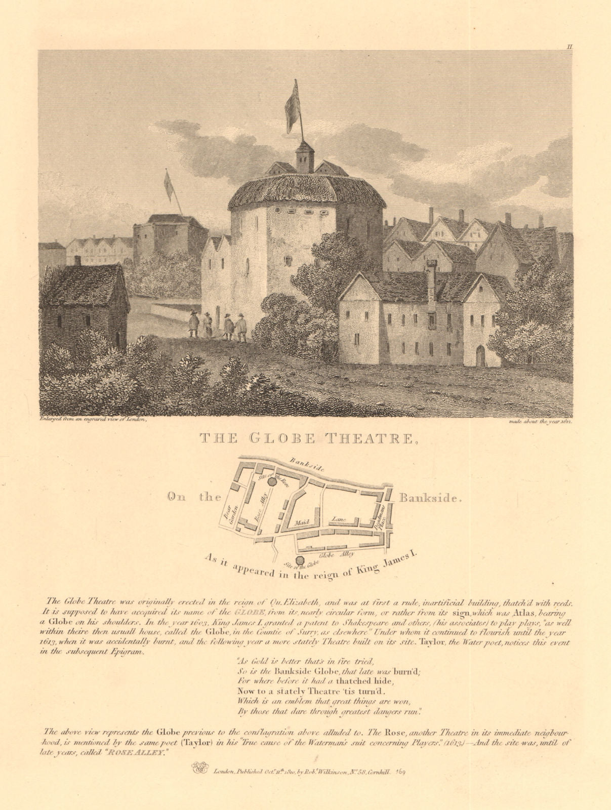 THE GLOBE THEATRE, Bankside c1610. Plan showing Rose Bear Garden Globe 1834 map